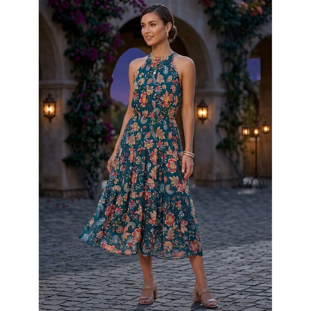 Nanette Lepore Deep Lake Halter Yin Shadow Stripe Floral Midi Dress Teal Size 6